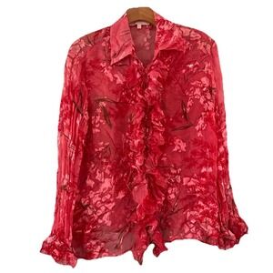 Vtg Issue Y2K  Silk Top L Red Sheer Burnout Fairy Ruffle Whimsical Artsy Blouse